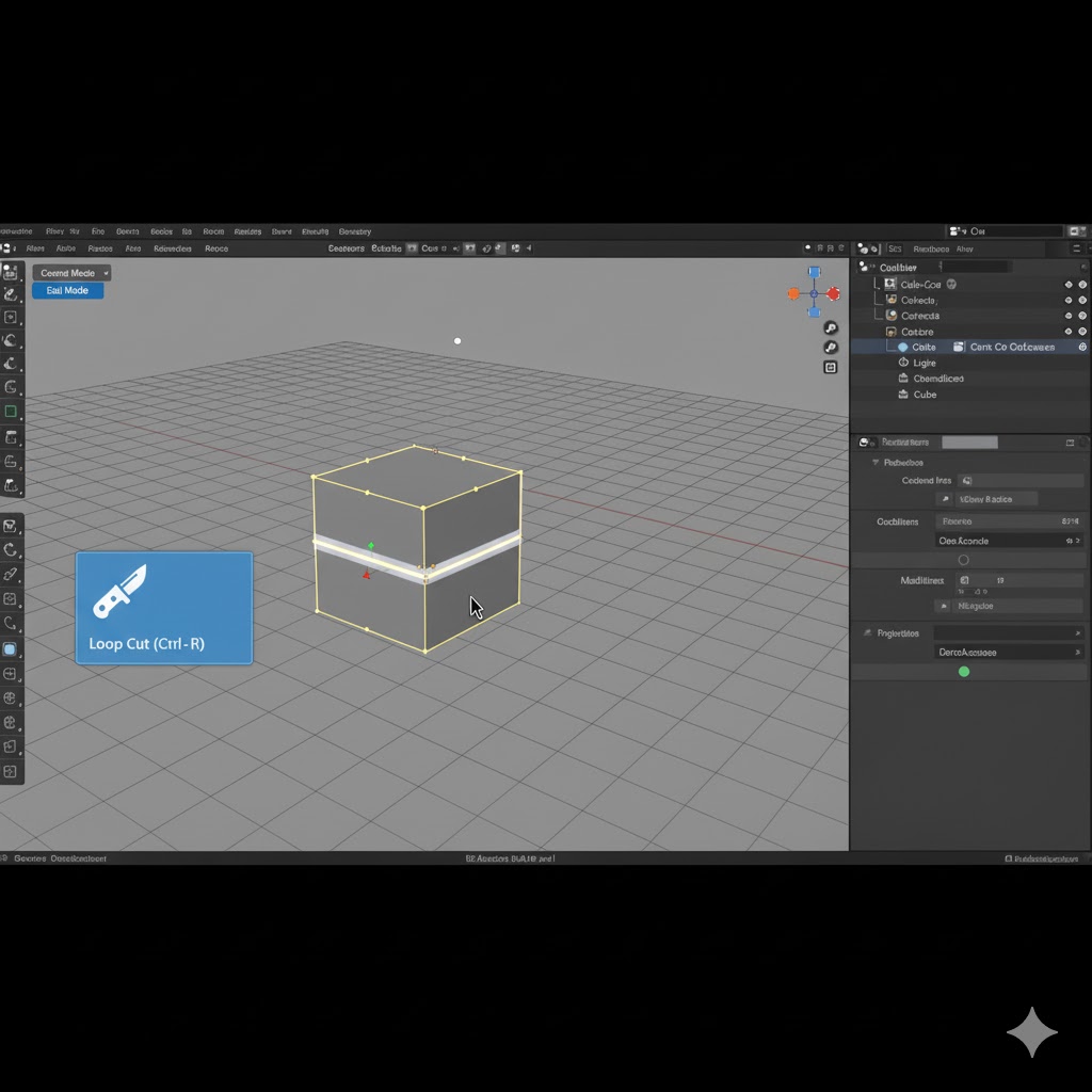 Blender cube showing a newly created edge loop sliding along the mesh