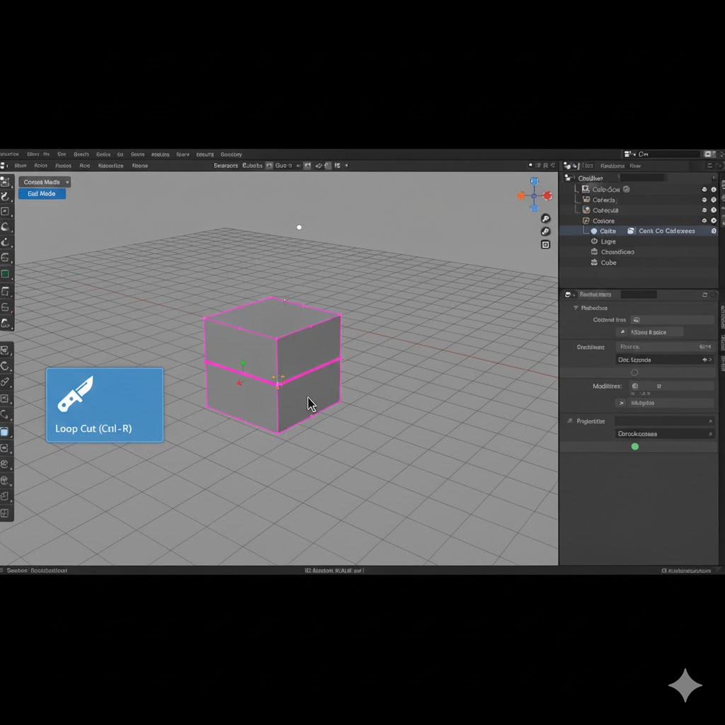 Blender cube with a pink preview line showing the loop cut placement