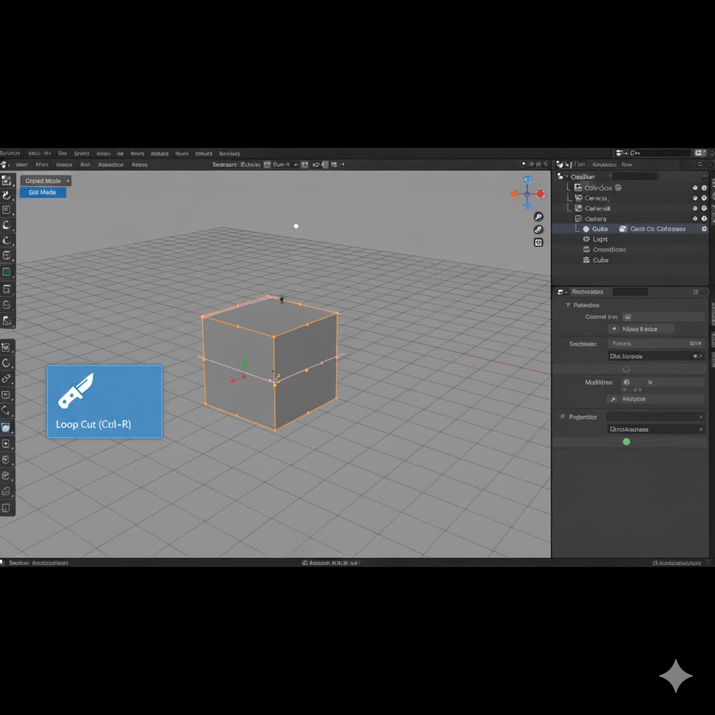 Blender Edit Mode with Loop Cut tool highlighted in the toolbar
